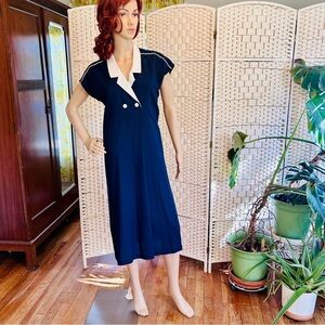 Vintage Navy Blue Double-Breasted Women's Dress, made in Britain